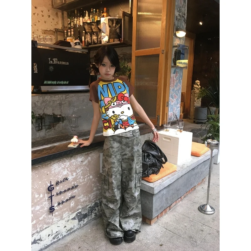 New Hello Kitty Kawaii Anime Fashion Short Tops Y2k Summer Cute Tees Cartoon Printed High Street Gothic Short Sleeve T-shirts