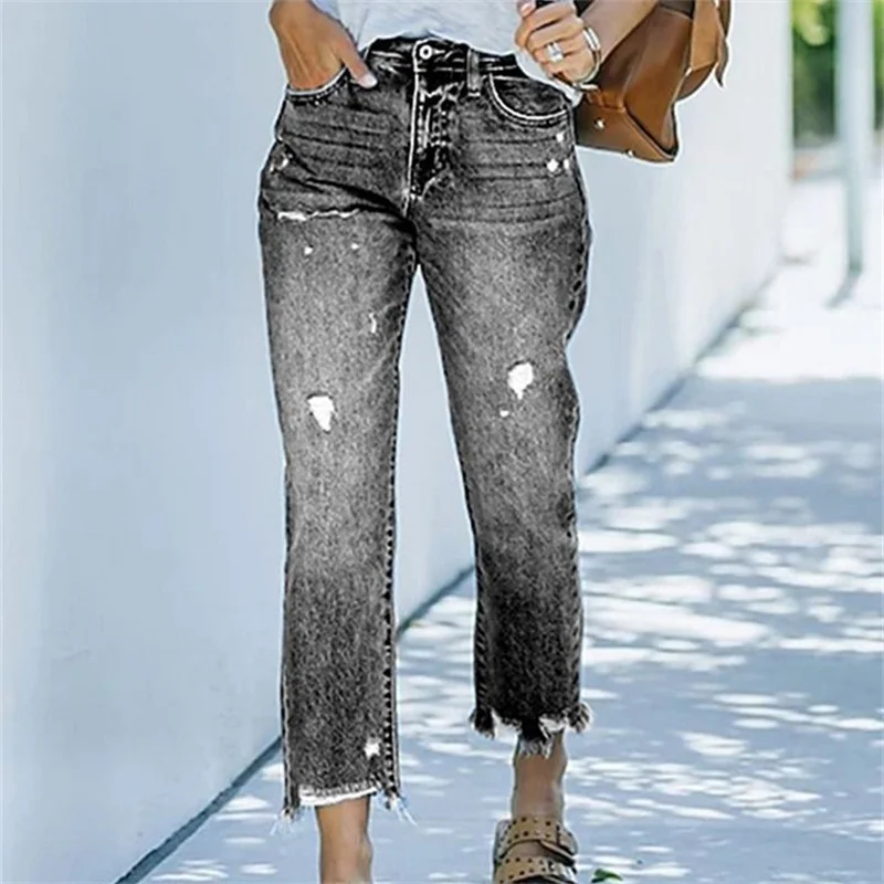 High Waist Broken Holes Straight Jeans Women Solid Color Denim Pants Female New Comfortable Casual Trousers Washable Streetwear