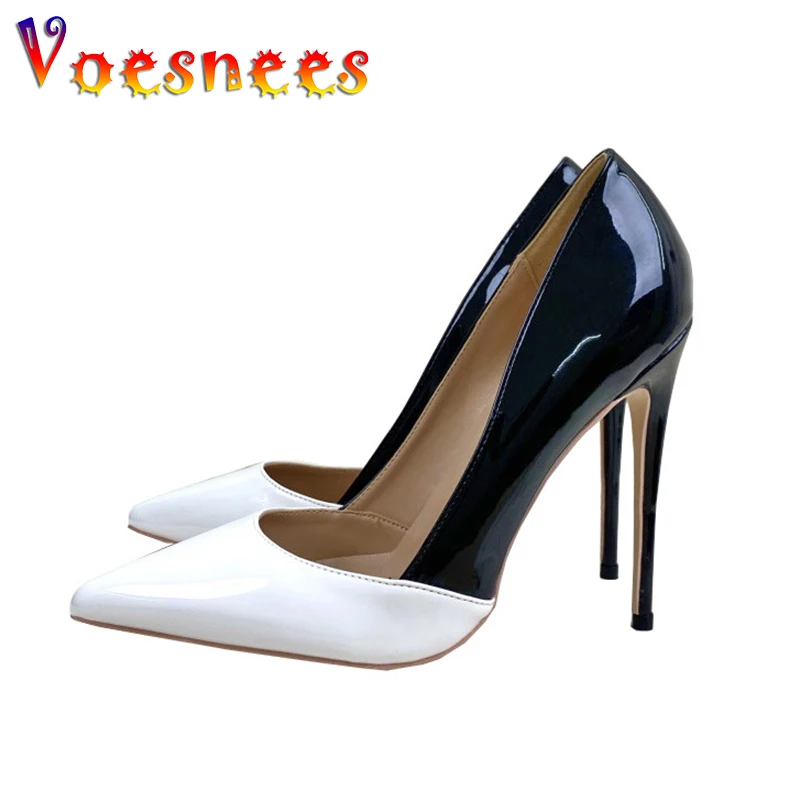 

12CM Women Sexy Pointy Toe High Heels Summer Elegant Ladies Slip-on Stiletto Pumps Big Size Black White Mixed Colors Work Shoes