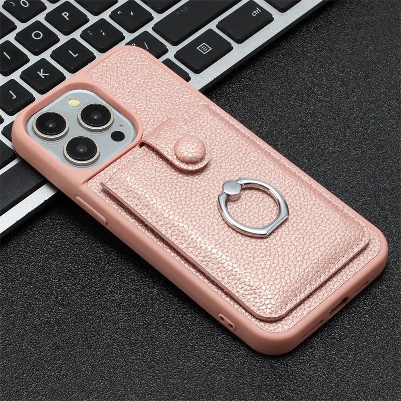Leather Phone Case with Card Slots and Metal Ring Holder - Wallet Back Cover