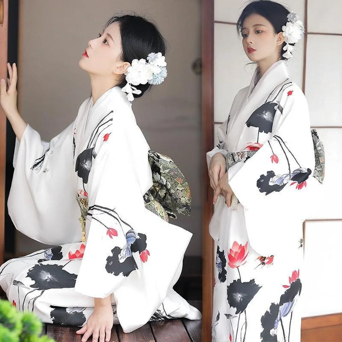 

Women's Clothing Dresses Chinese Style Ink Painting Elements Women Japanese Traditional Photo Improving Geisha White Kimono Robe