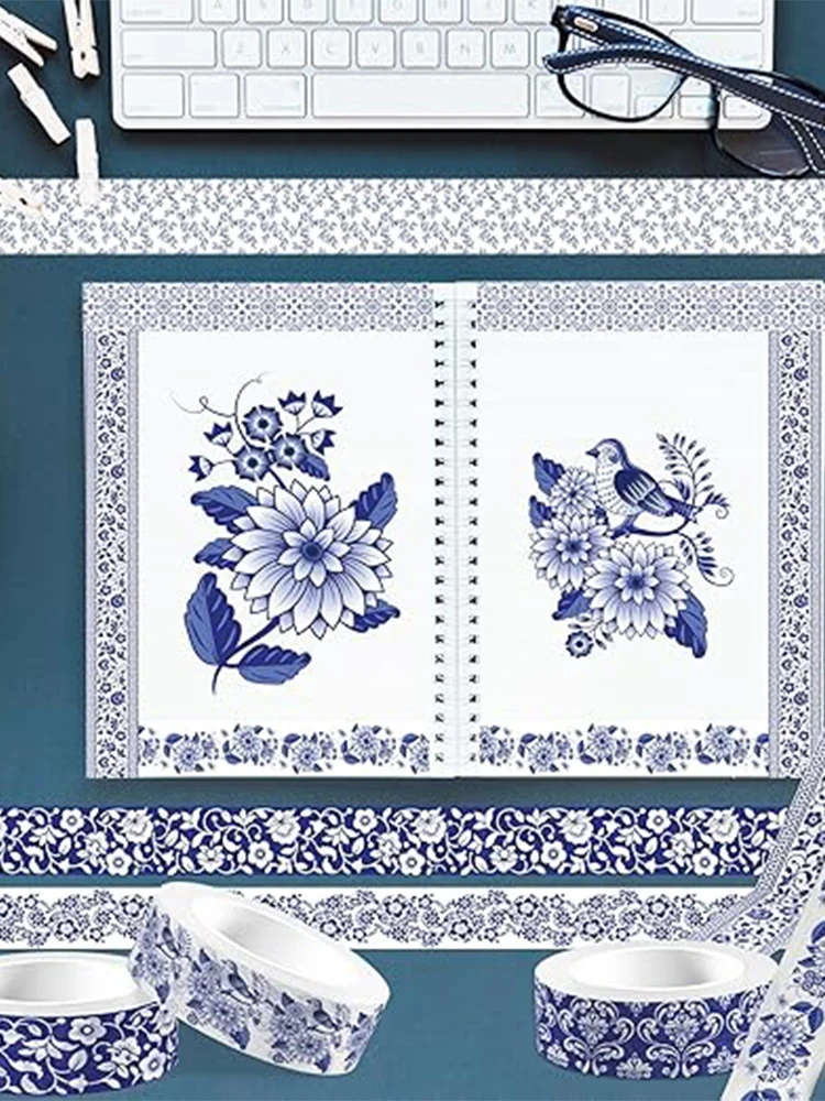 Blue & White Washi Tape Set; Pretty Chinoiserie Designs; 12 Rolls! Decorative Tape; Journaling, Scrapbooking