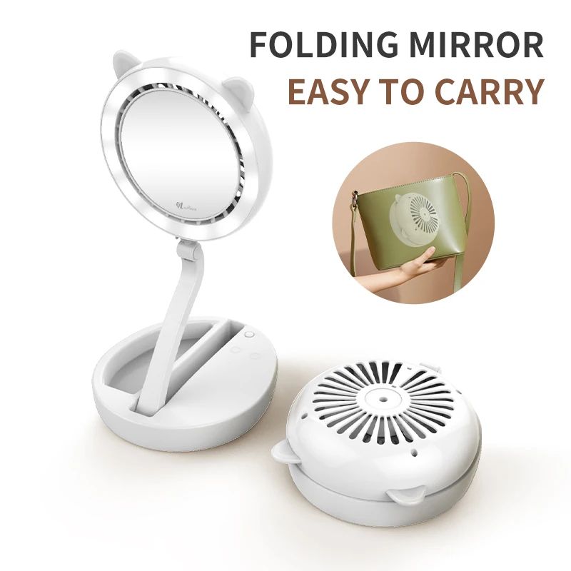 Foldable LED Desktop Makeup Mirror With Fan, Rechargeable Mini Cosmetic Mirror withe Light, for Home, Office, Gifts, Travel
