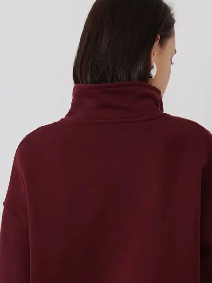 European Stylish Wine Red Sweater Zip Turn-down Collar Sweatshirt Retro Oversize Pullover Autumn Large Size Leisure Women Tops