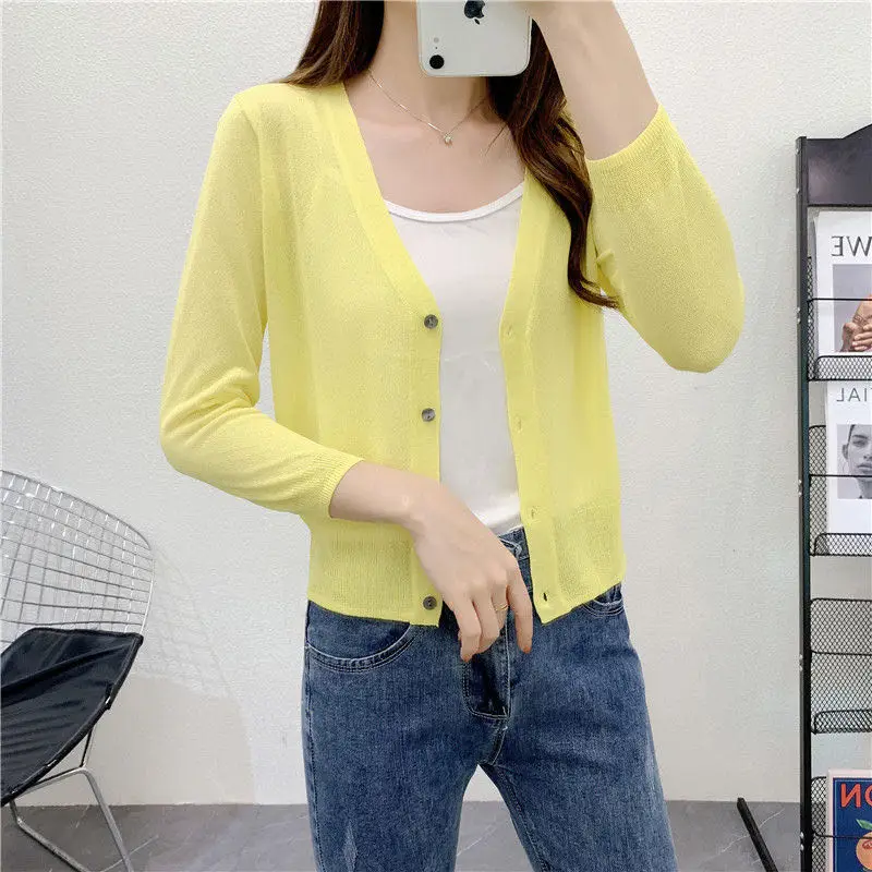 Spring/Summer Ice Linen Knitted Split Sleeve Cardigan Women's Versatile Office Air Conditioning Shirt Fashion Sunscreen Top