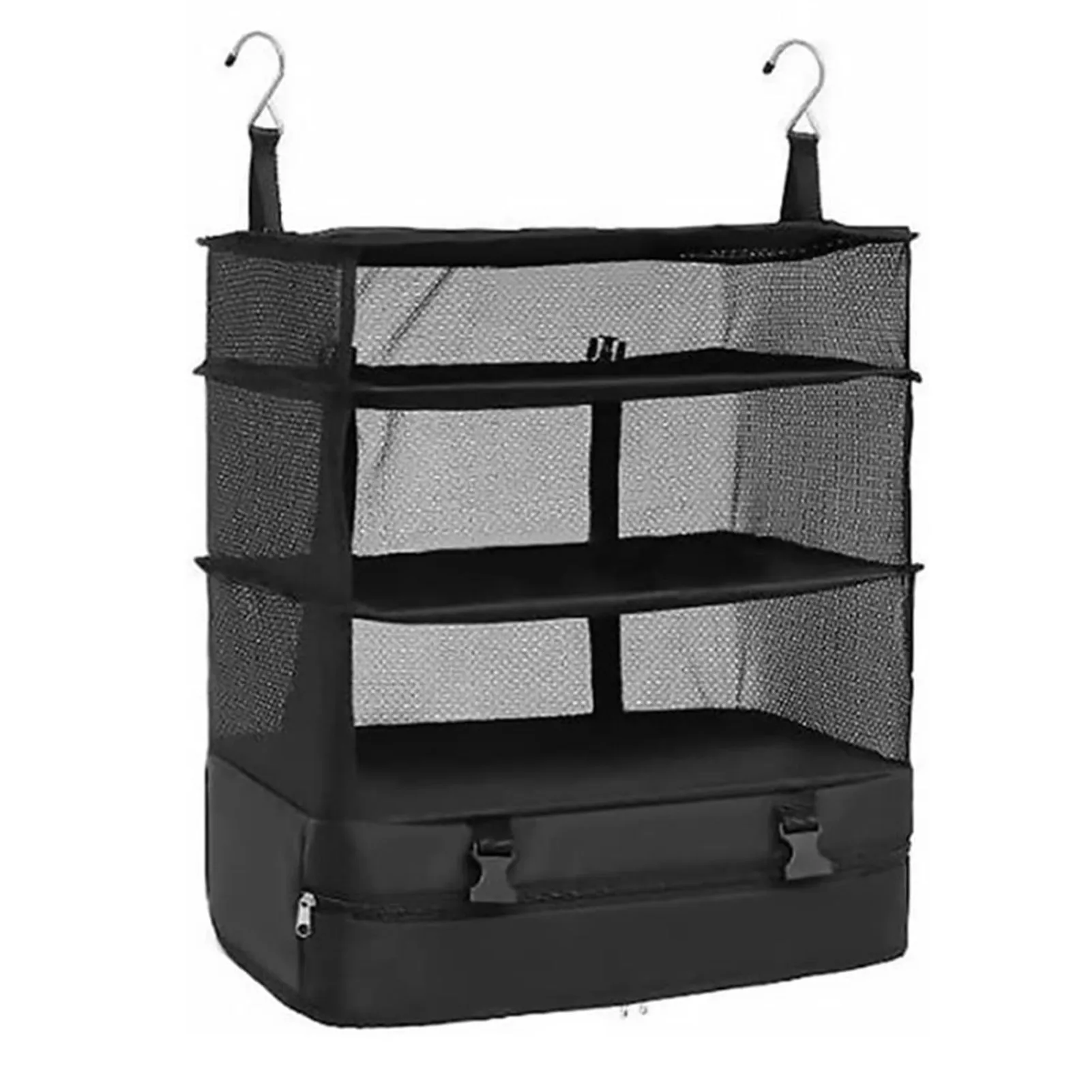 

Hanging Travel Shelves Bag 3-Shelf Polyester And Mesh Hanging Luggage Organizer For Carry-on Luggage Travel Space Saver