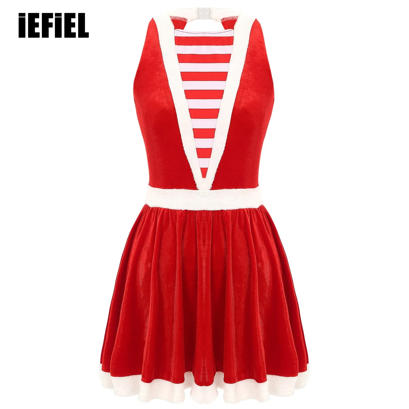 

Womens Christmas Santa Velvet Dress White Trim Sleeveless Cutout Striped Contrast Dress Xmas Holiday Party A-Line Dress