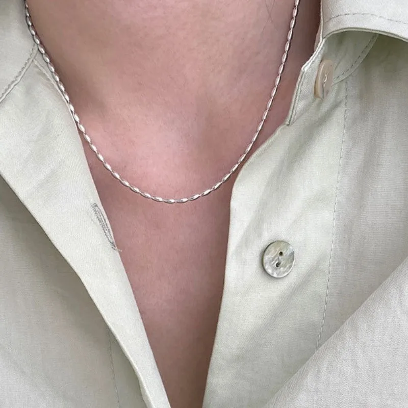 Silver Color Stacked Rice Grain Olive Beads Chain Necklace for Women Exquisite Simple Collarbone Chain Jewelry Gift