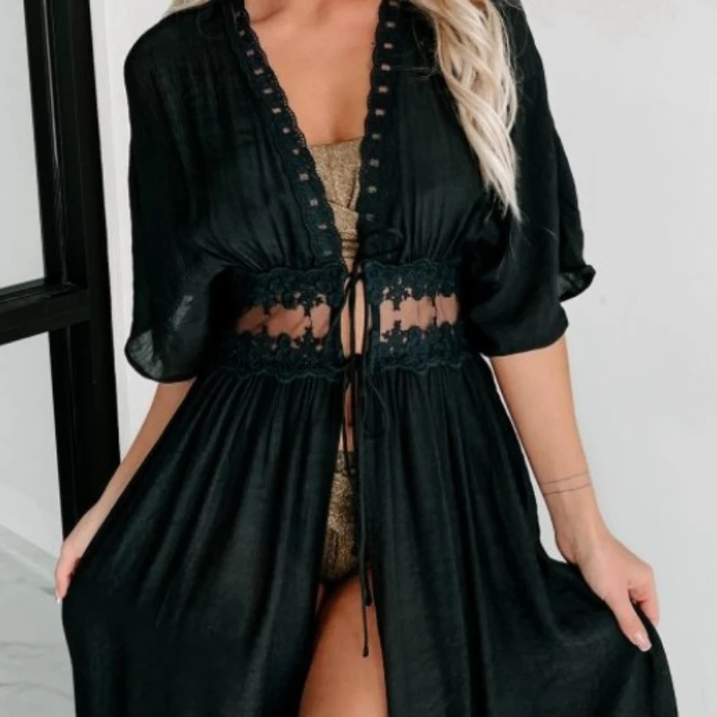 Women\'s Summer Cover-Ups Black Color Sexy Lace Chiffon Beach Swimsuit Cardigan Jacket Bikini Short Sleeve Sun Protection Cloth