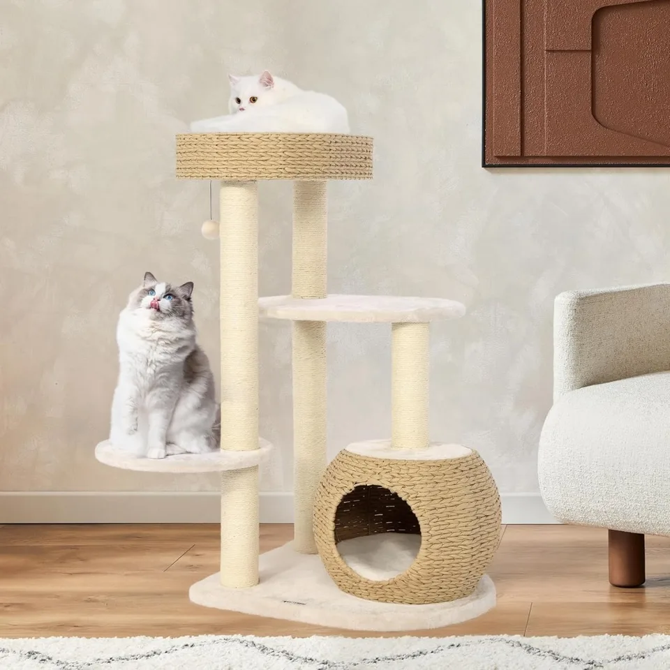 KAMABOKO Modern Cat Tree - 39" Tall With Sisal Scratching Posts, Hand-Woven Condo & Perch
