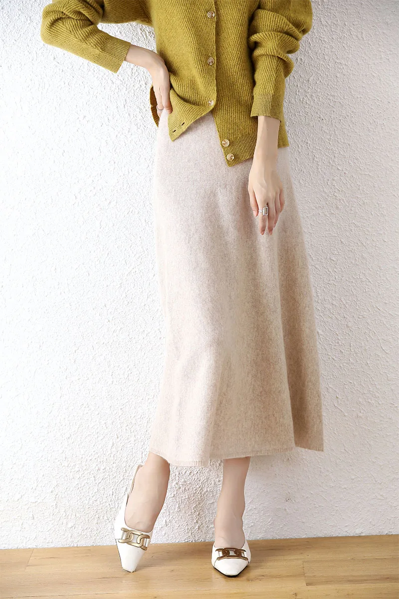 100% Merino Wool New Autumn and Winter Women\'s Half-length Solid Color Versatile Commuting Over-the-Knee Skirt