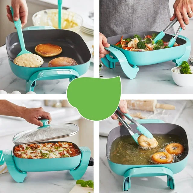 Nonstick Square Electric Skillet with Glass Lid, 12 Inches, Teal 3
