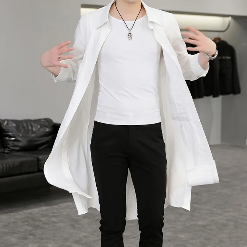 Summer Thin Men's Zipper Casual Cardigan 7/4 Sleeve Trench Coat Pocket Decoration Solid Color Open Front Korean Style