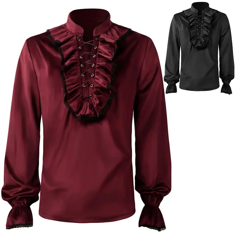 

Steampunk Men Shirt Folds Medieval Victorian Vintage Top Long Sleeve Renaissance Costume Stage Party Clothing