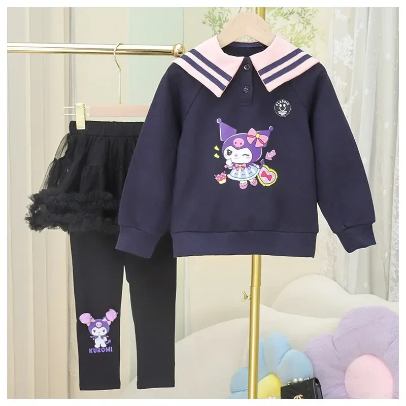 

Милый пуловер для девочки аниме Sanrioed My Melody Kuromi, толстовка, сетчатая юбка, брюки, костюм, милая детская теплая одежда на осень и зиму