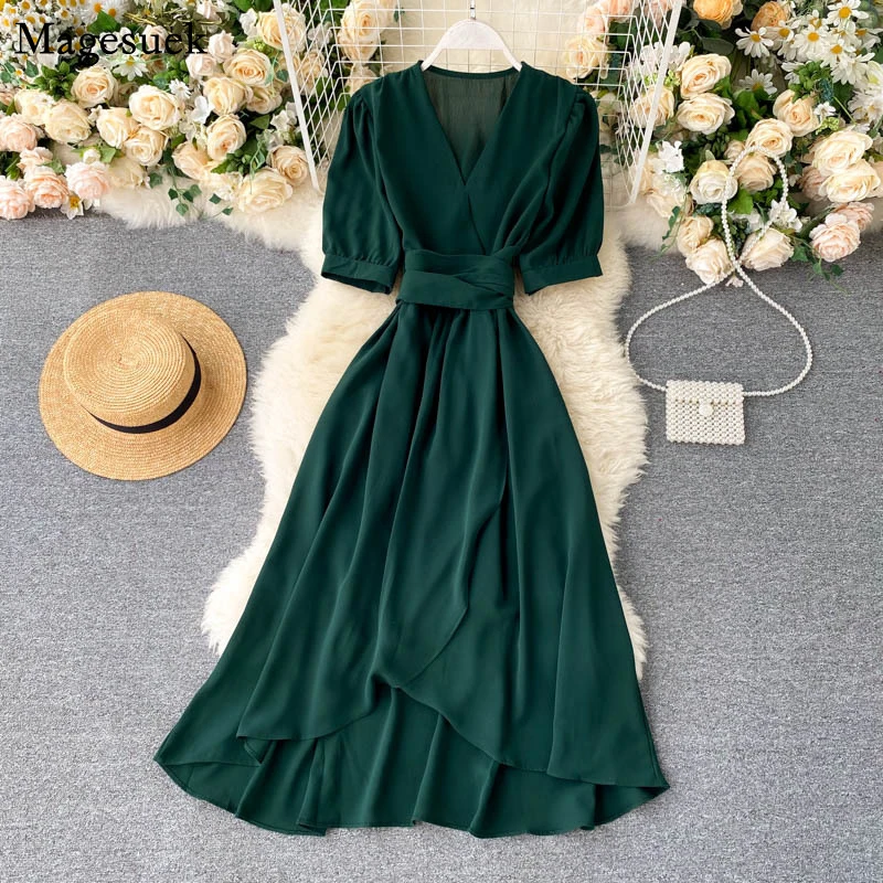 Elegant Lace-up Green Dress Women Summer 2022 Short Sleeve Ruffle Solid Woman Dress V Neck Irregular Casual Long Dresses 20852
