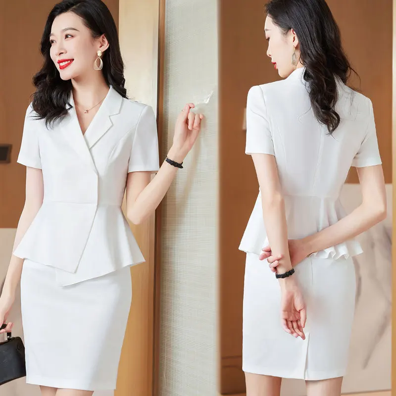 White Black Women's Skirt Suit Summer Elegant Blazers Tops+ Skirt Suits Office Lady Business Work Wear Formal 2 Piece Sets
