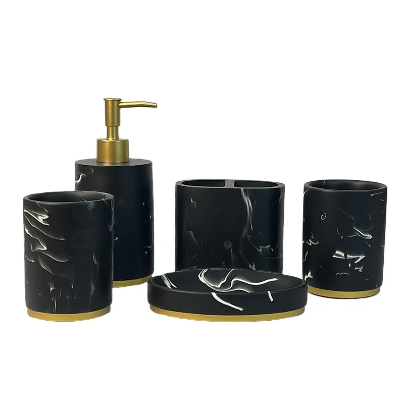 

Marble Bathroom Soap Dispenser Set, 5 Piece Marble Look Resin Gold Bathroom Accessories Set