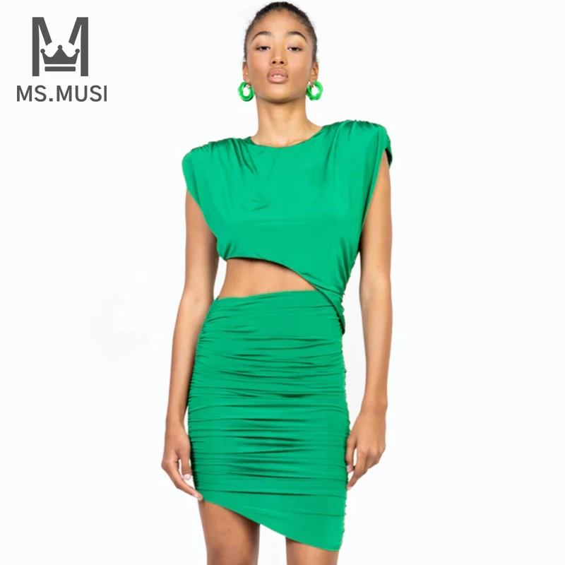 

MSMUSI 2022 New Fashion Women Sexy Chic O Neck Hollow Out Draped Fold Short Sleeve Bodycon Party Club Event Mini Dress Vestidos