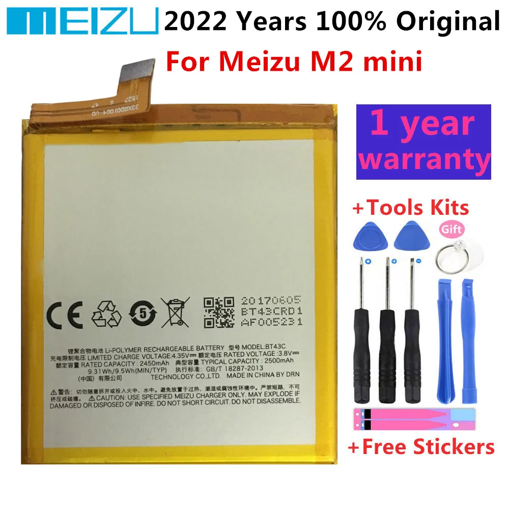 

100% Original Mobile Phone Battery BT43C For Meizu M2 mini Meilan 2 M2mini Replacement Battery 2500mAh Phone Batteries +Tools