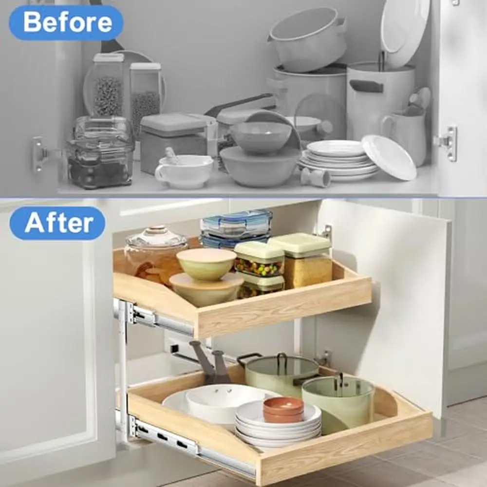 2-Tier Pull Slide Out Cabinet Organizer Soft Close Pantry Drawer U Bracket Birch & Oak Wood Modern Design Kitchen Storage