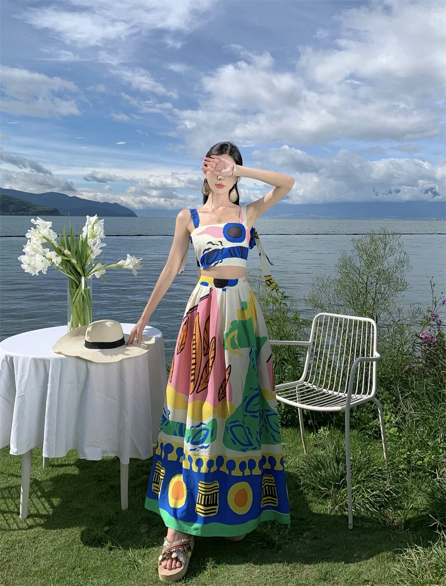 2024 Summer Female Clothes Set Fashion Printing Bohemian Women's Skirts Suits 2 Piece Sets Womens Outfits Sexy Ladies Skirt Suit