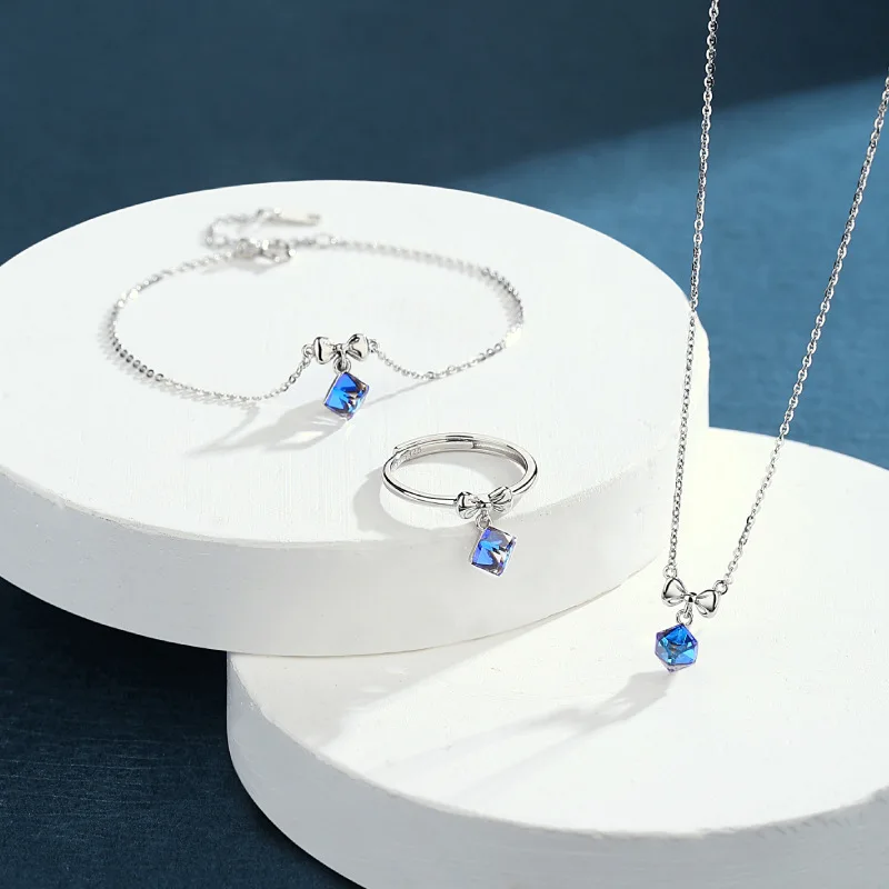 

2024 925 Sterling Silver Austrian Crystal Glass Shiny Women Earrings Necklace Bracelet Suit Charm Valentine Wedding Fine Gifts
