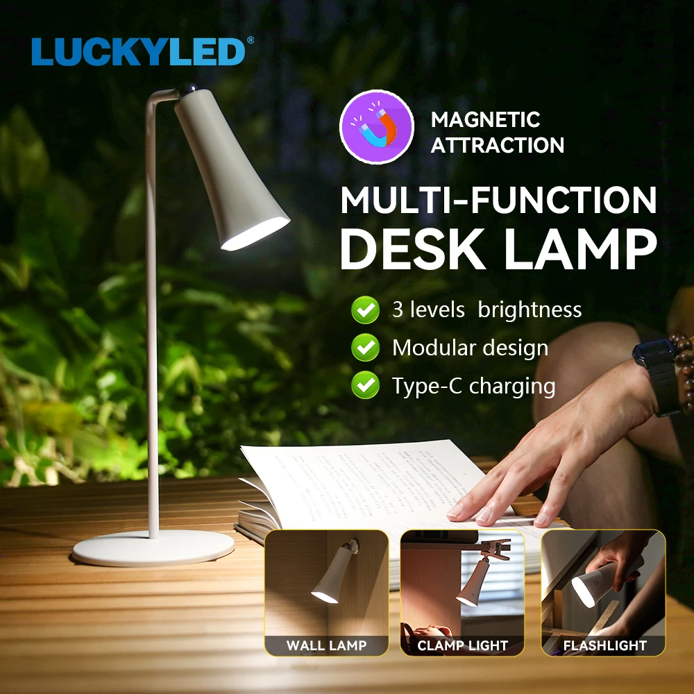 Luckyled Multifunction LED Desk lamp Type-c Rechargeable 4000K Reading Lamp 4 In 1 Portable Bedside Night Light Wireless