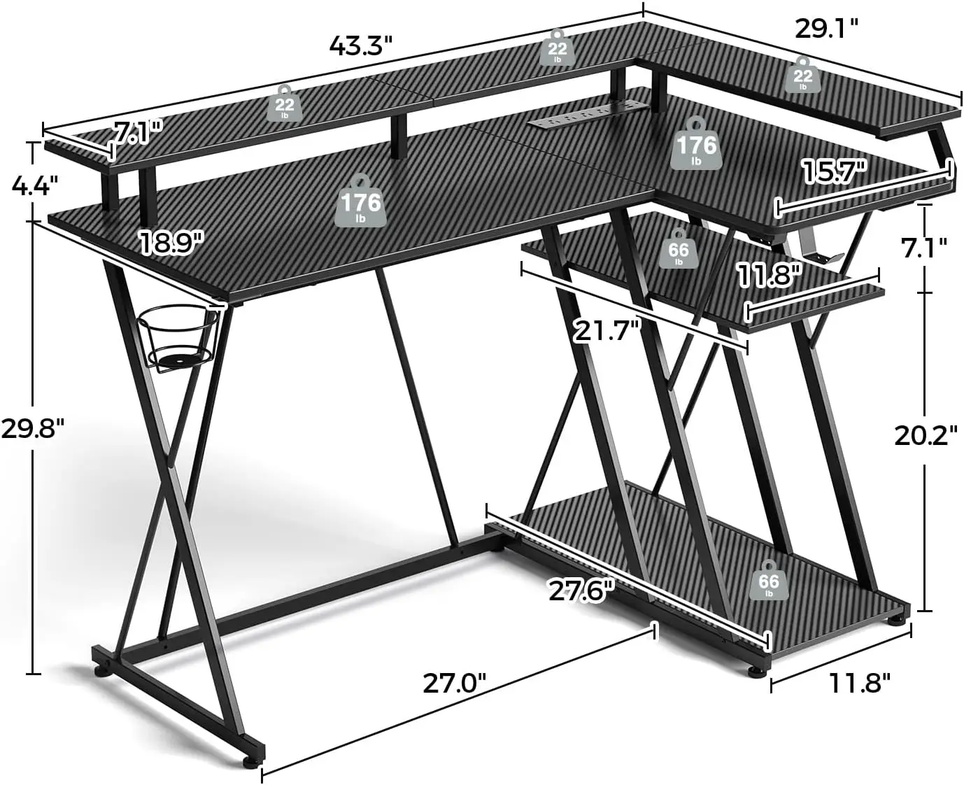 L Shaped Gaming Desk with LED Lights & Power Outlets, Computer Desk with Monitor Stand, Gaming Table , with Hooks, Black 3
