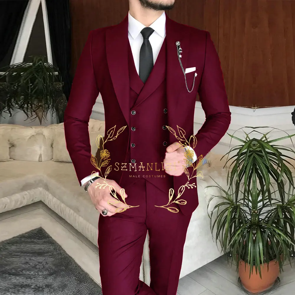 Male Suits Slim Fit 3 Pieces Peak Lapel Dark Green Classic Men Wedding Suits Groom (Blazer+Vest+Pants) Costume Homme mens suit