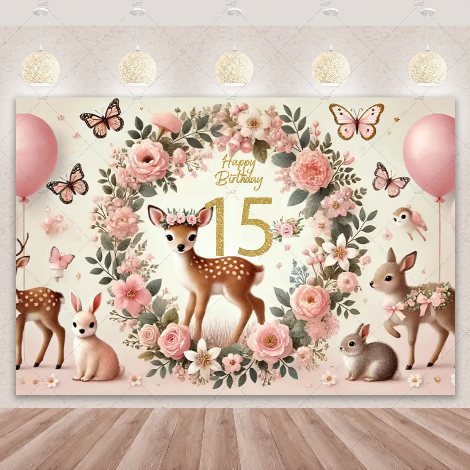 Niedlicher Hirsch-Hintergrund, Blumen- und Rehkitz-Geburtstagsparty-Dekorationen, individuelle funkelnde Zahl, wunderschönes Dschungel-Banner mit wilden Tieren – Detail 23