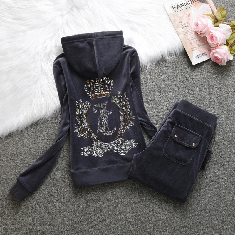 2025 Women Hooded Velvet Tracksuit Warm Two-Piece Set Velvet Tracksuit Crystal Pattern Jacket + Casua Long Pants 2Pcs 3