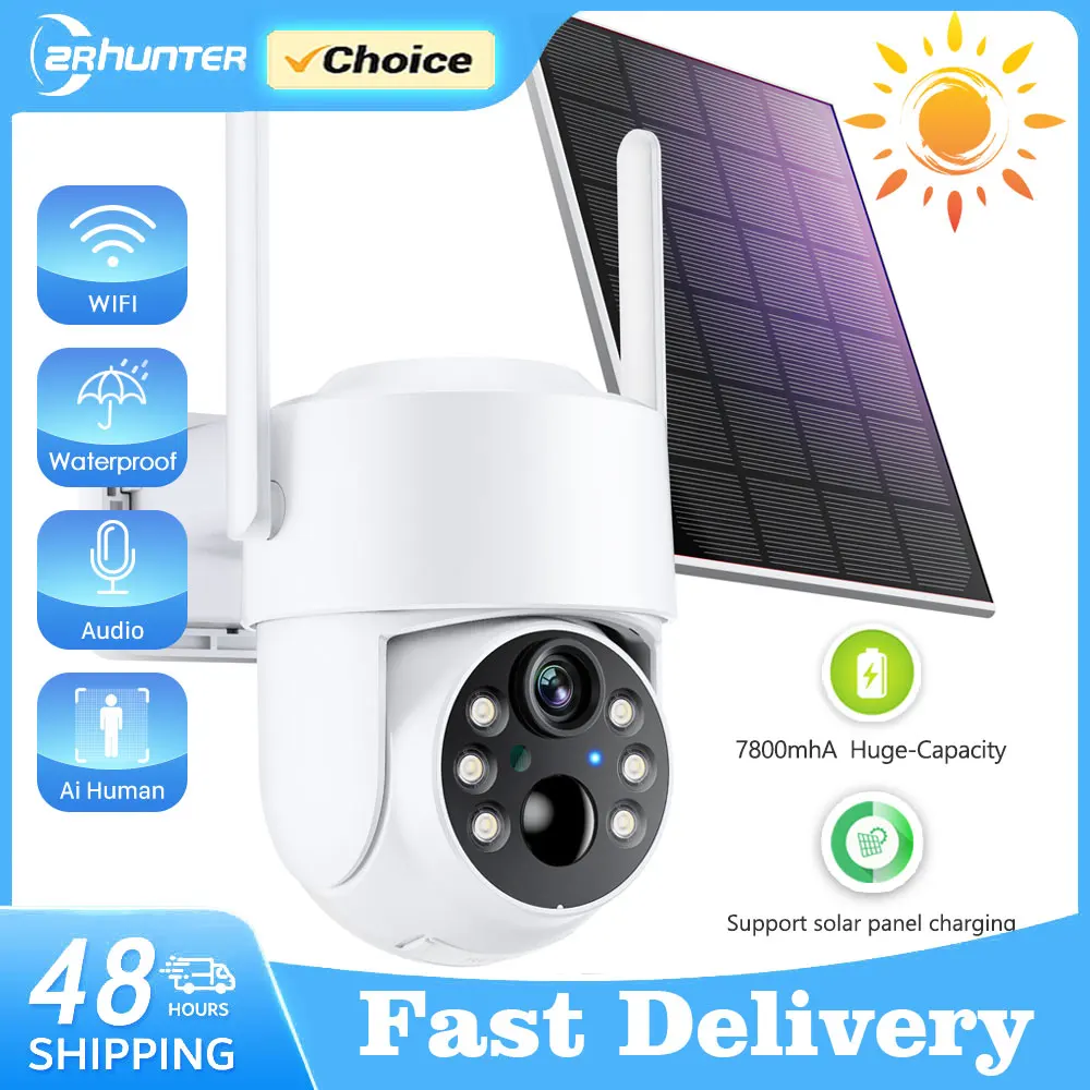 와이파이 PTZ 카메라 야외 무선 태양광 IP 카메라, 4MP HD, 내장 배터리, 비디오 감시 카메라, 장시간 대기, iCsee 앱 