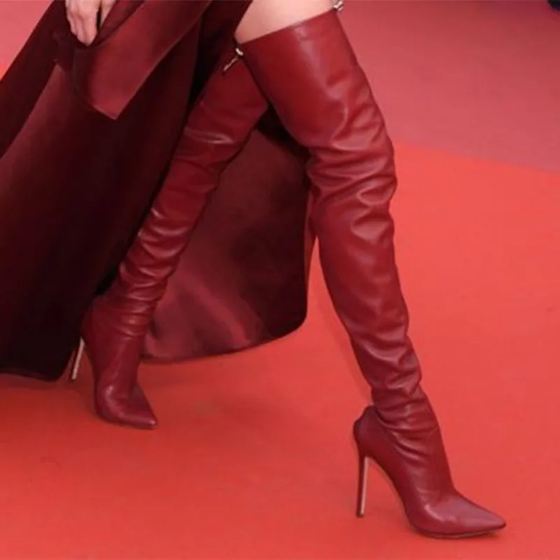 

2024 New Fashion Women Winter Thigh Boots Back Zipper Sexy Stiletto Heels Pointed Toe Pretty Red Club Shoes Women US Size 5-15