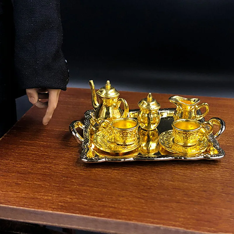 

1/6 Scale Scene Bar Table Modern Metal Tea Set Golden Version Props Model Collection Display