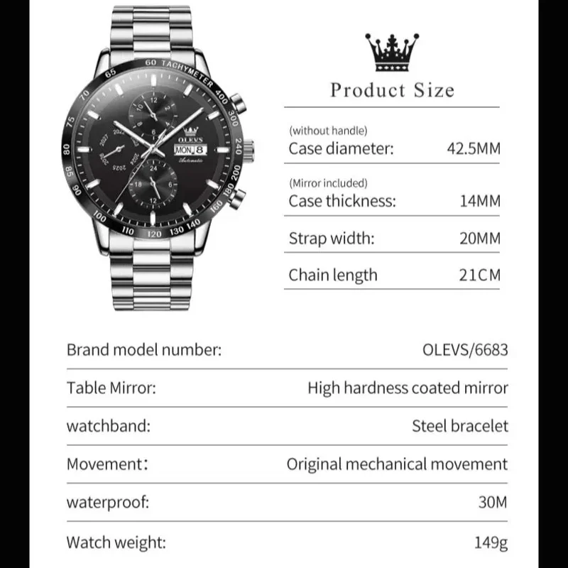 OLEVS 6683 Men's Watch Stainless Steel Waterproof Automatic Mechanical