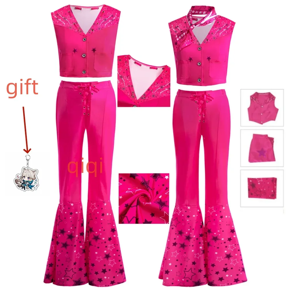 

Movie Barbi Cosplay Rose Red Bell Bottoms Barbe Cosplay Suit Tight Fitting Set with Hat and Scarf Halloween Costumes Kids Adult