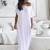 Women Summer Slash Neck Short Sleeve Pocket Long White Dress Female Casual Loose Home Dress Robe Off Shoulder T-Shirt Maxi Dress 5