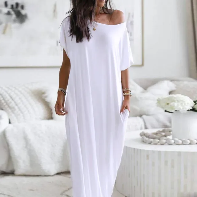 Women Summer Slash Neck Short Sleeve Pocket Long White Dress Female Casual Loose Home Dress Robe Off Shoulder T-Shirt Maxi Dress 5