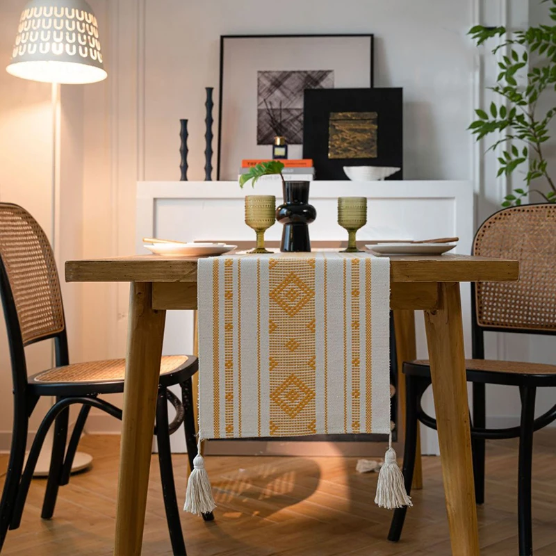 

Cotton Linen Tassel Table Runner Woven Color Matching Tablecloth Luxury Wedding Decor Long Strip Dustproof Home Coffee Table New