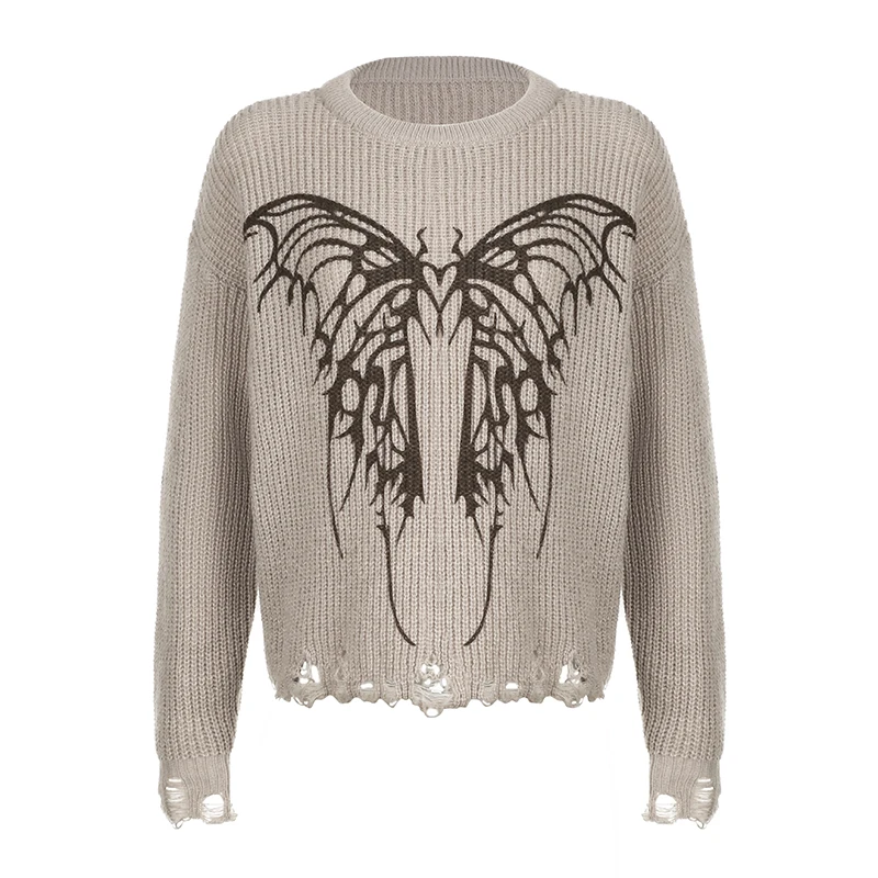 Darlingaga Vintage Grunge Butterfly Pattern Women Sweater Top Autumn Winter Ripped Fairycore Knitted Pullover Aesthetic Jumpers