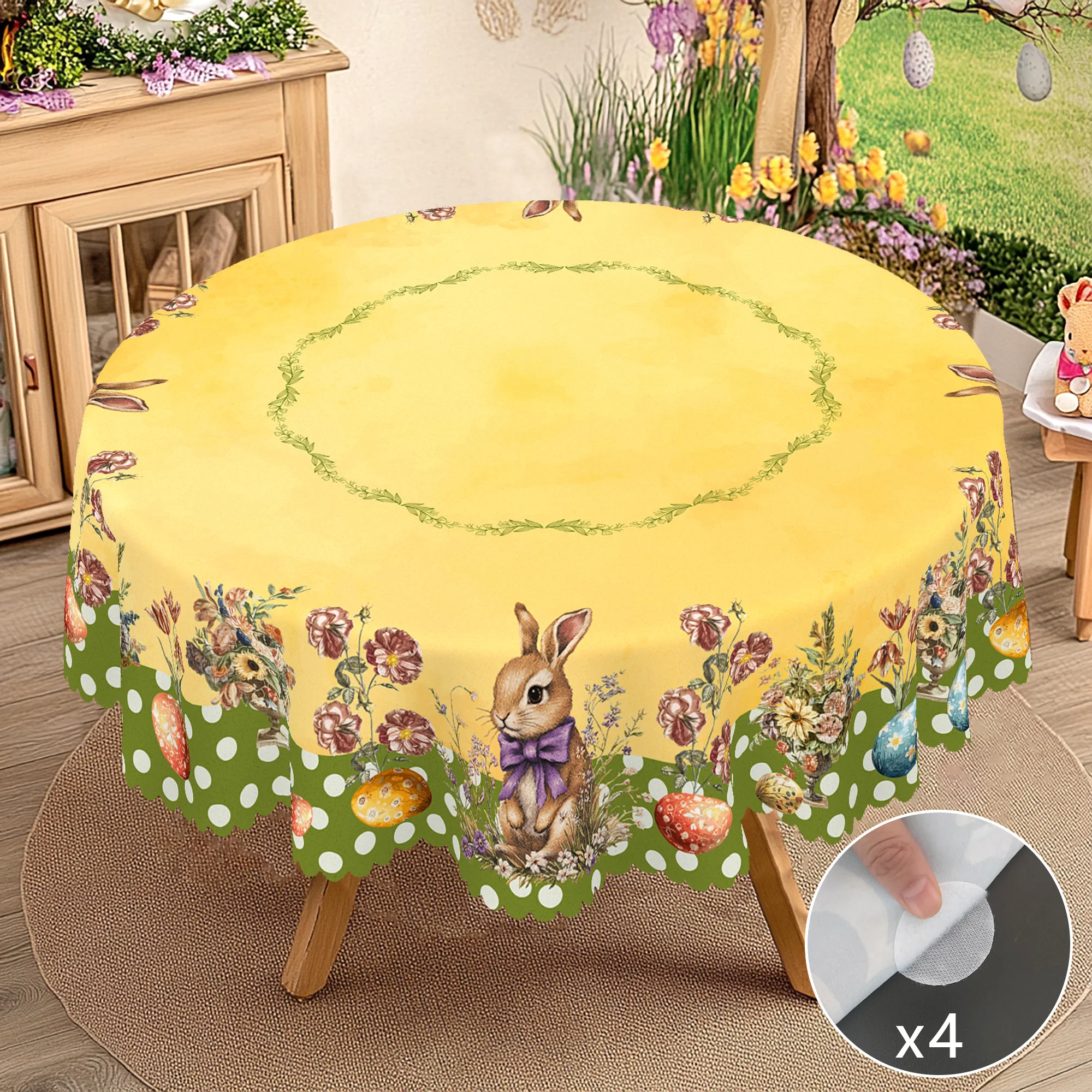 1 Easter Round Tablecloth, 5 Sizes Available, Polka Dot Easter Egg Printed Square Tablecloth, Edge Embossing Process, Spring Garden Tablecloth Decoration, Tablecloth for Daily Home Kitchen, Terrace, Easter Decoration 3