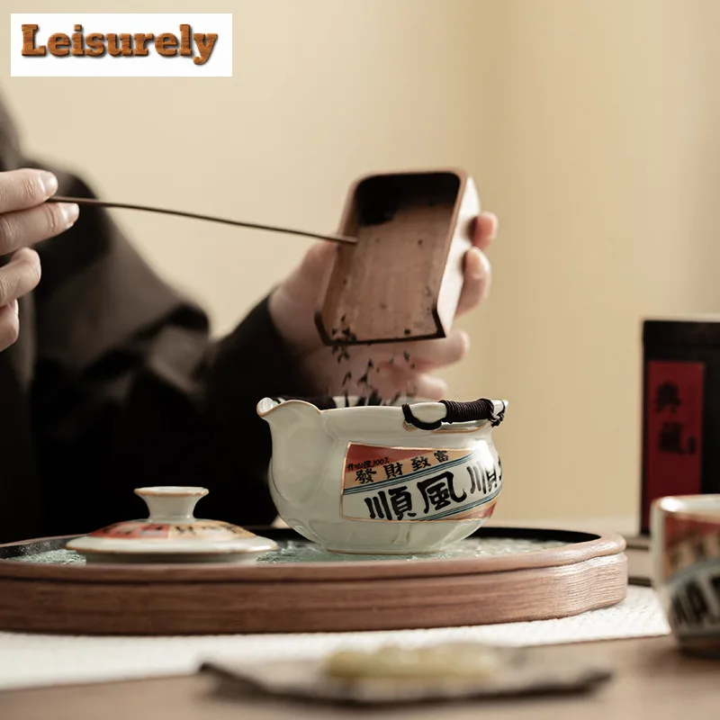 Handwritten Good Luck Ru Kiln Porcelain Teapot Retro Tea Infuser Pot Tea Maker Kettle with Filter Tea Services Supplies Gift