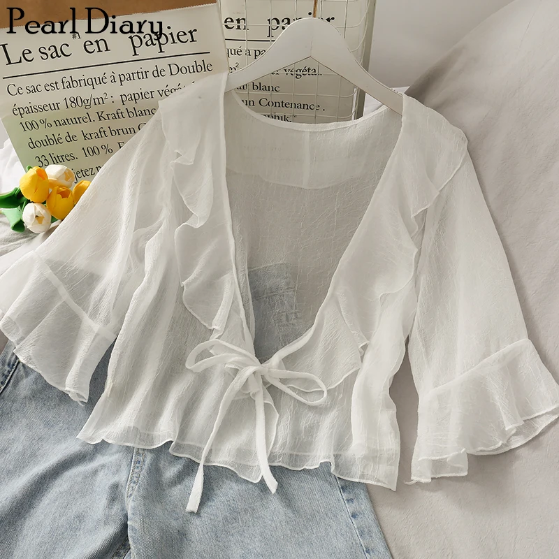 

Liba Sin Chiffon Blouse Bow Tie Front Ruffle Neckline And Sleeve Summer Drapey Sheer Blouse Beach Casual Chiffon Cover Up