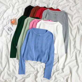 Spring Autumn Knitted Cardigans Women Long Sleeve Buttons Front Vintage Cardgian Top Classic Style Simple Soild Color Chic 1