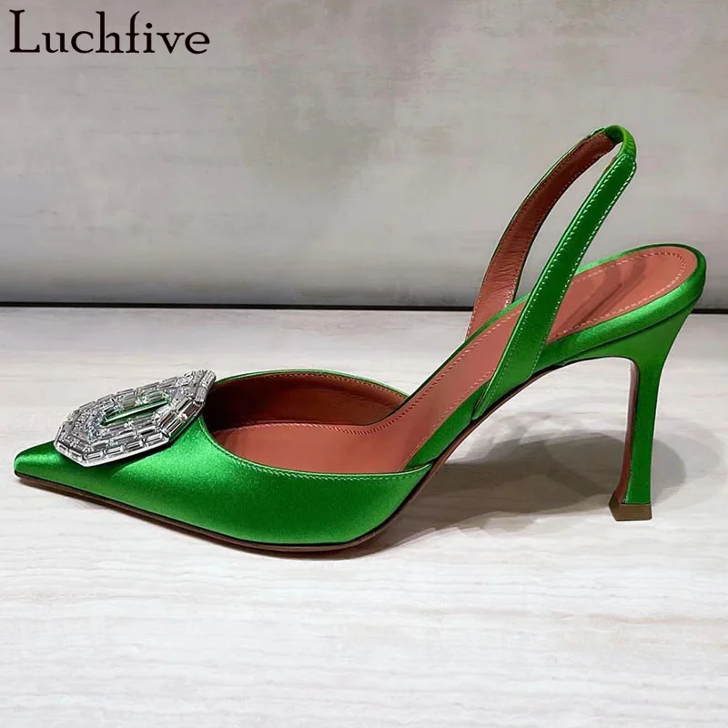 

Новые Сатиновые туфли с острым носком на тонком высоком каблуке, женские пикантные сандалии-гладиаторы с украшением на пуговицах и кристаллами, летняя Классическая обувь для женщин