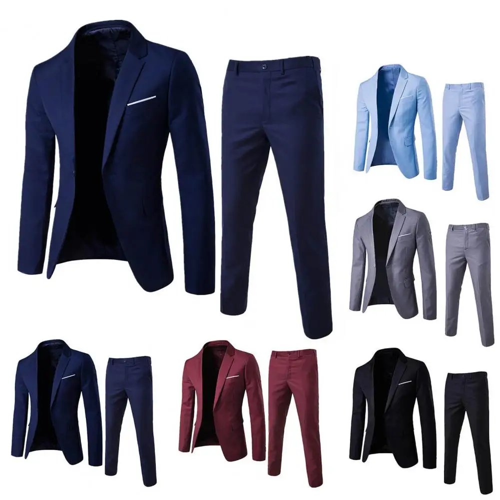 Mens suit 1 Set Trendy Men Suit Anti Deformation Formal Suit Turndown Collar Pure Color One Button Set Daily Wear