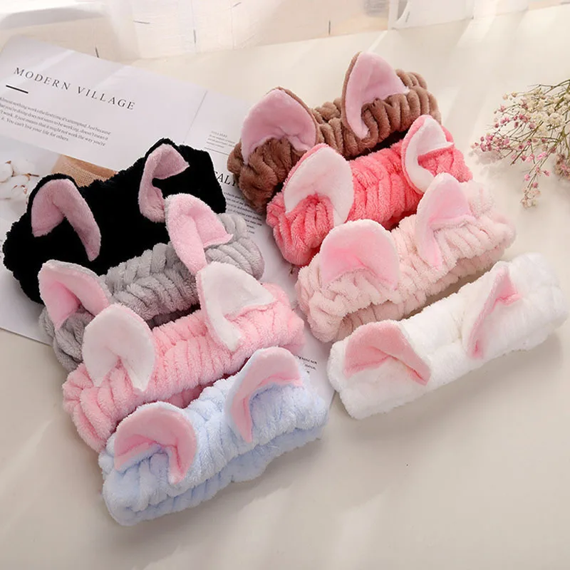 Cute Cat Ear fascia per le donne Coral Fleece Soft Elastic Hair Band Girl Face wash Makeup Skincare autunno inverno Hair accessso