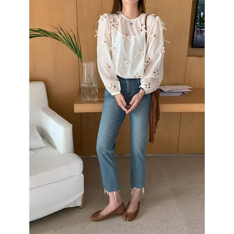 Women Cut Out 3d Bow Knot See Through Shirts Loose Casual O-neck Lantern Sleeve Blouses 2024 Summer Sweet Fashion Straight Tops