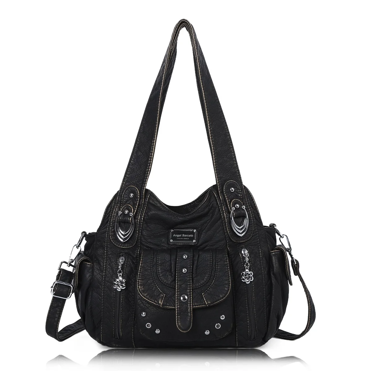 Angelkiss Handbag Fashion PU Shoulder Bag Casual Black Hobo Handbag Satchel Large Vintage Women's Bag Cell Phone Pocket Purse 2